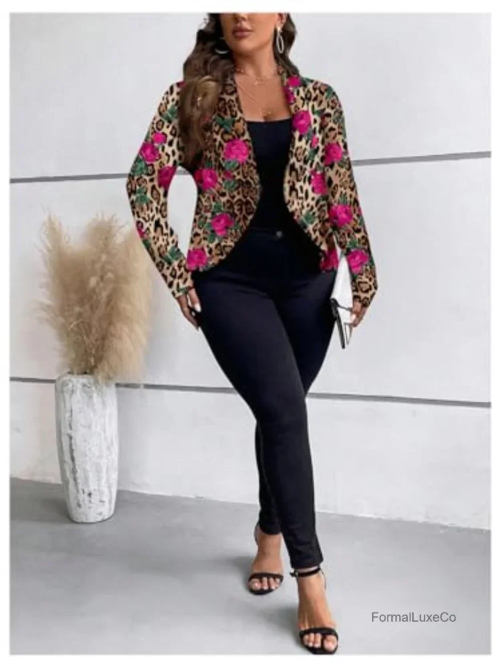 Plus Size Floral Leopard Blazer Long Sleeve Lapel Neck Elegant Suit Jacket